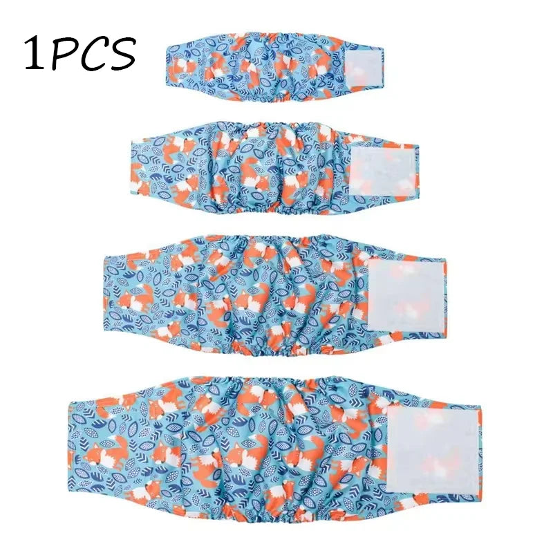 One piece of blue and orange patterned washable belly straps for male dogs