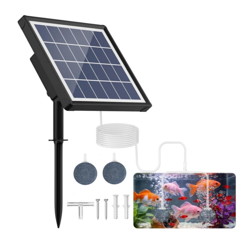 Pompe aérateur de bassin solaire avec panneau noir et tuyau, à côté d'images de poissons décoratifs.