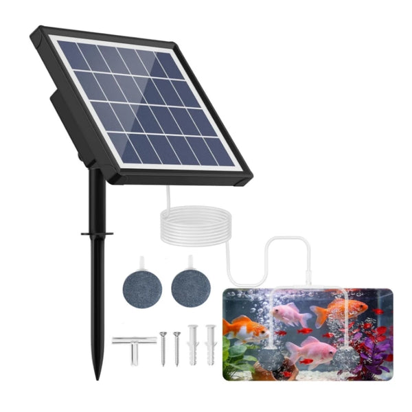 A solar powered pond aerator pump with a black panel and tubing, shown next to decorative fish imagery.