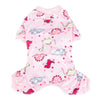 Pink soft cotton dog pajamas featuring a pattern of various dinosaur and animal figures