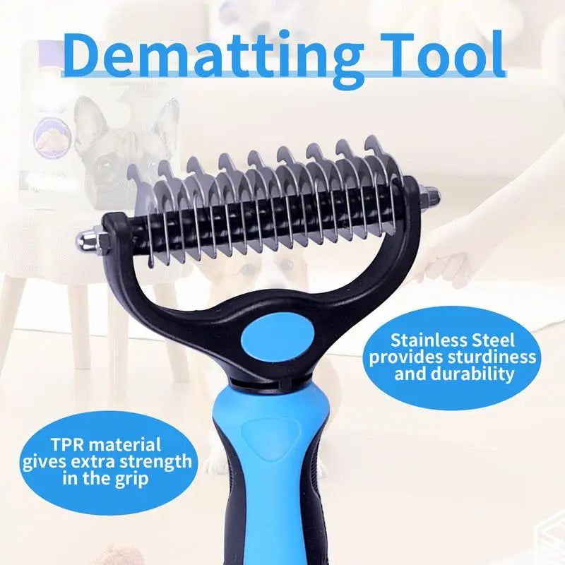 A black and blue pet deshedding tool with a stainless steel brush for grooming.