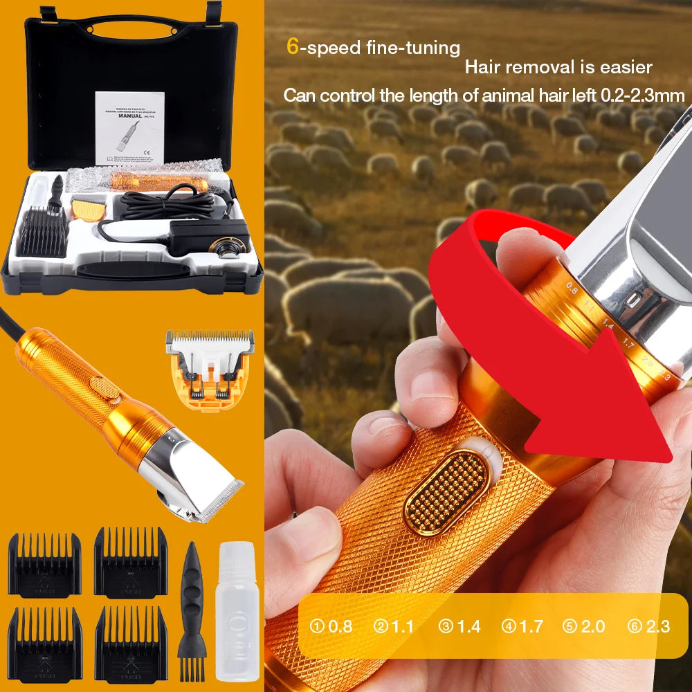 A close-up of a professional 6-speed fine-tuning pet grooming clipper in gold and black, showing various blade attachments.