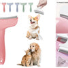 A pink pet slicker brush is shown alongside various grooming tools and pets.
