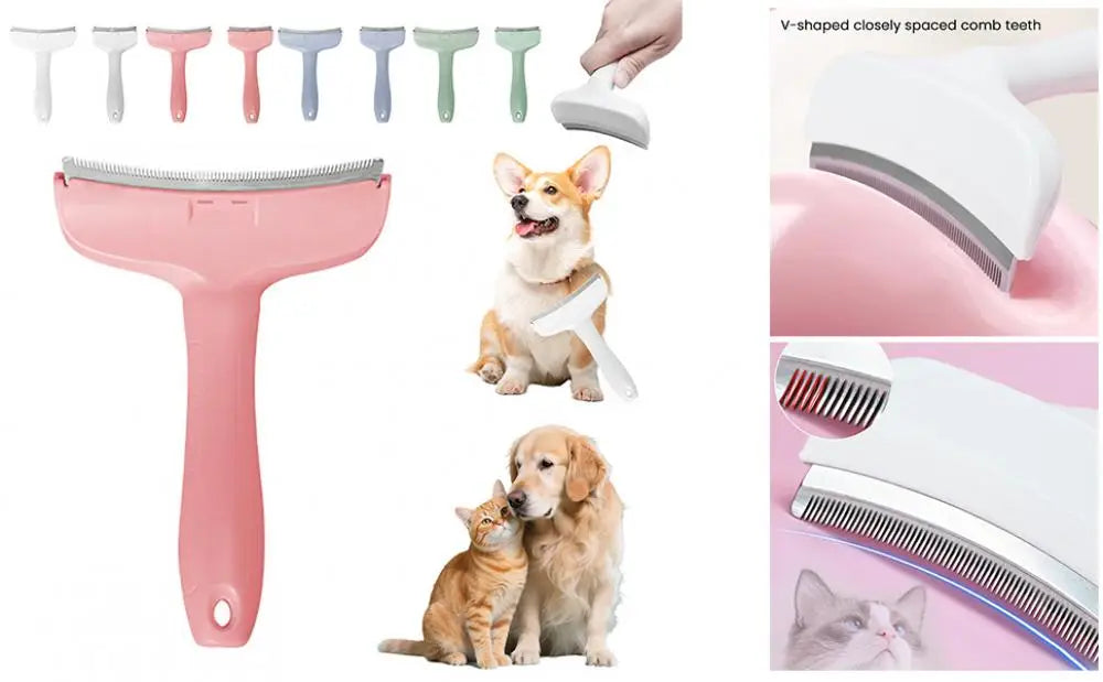 A pink pet slicker brush is shown alongside various grooming tools and pets.