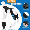Detail showcase of a black breathable vest with blue support strips and soft edges for dog joint protection