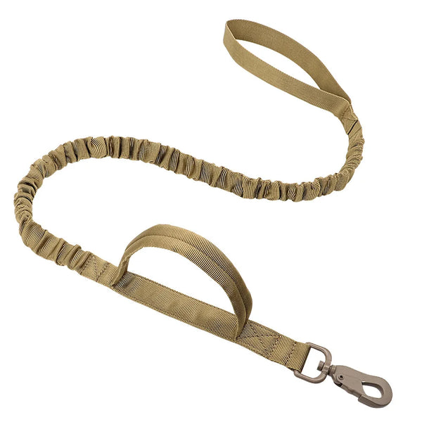 A heavy-duty tactical dog leash in olive green with dual handles and a bungee shock absorber.