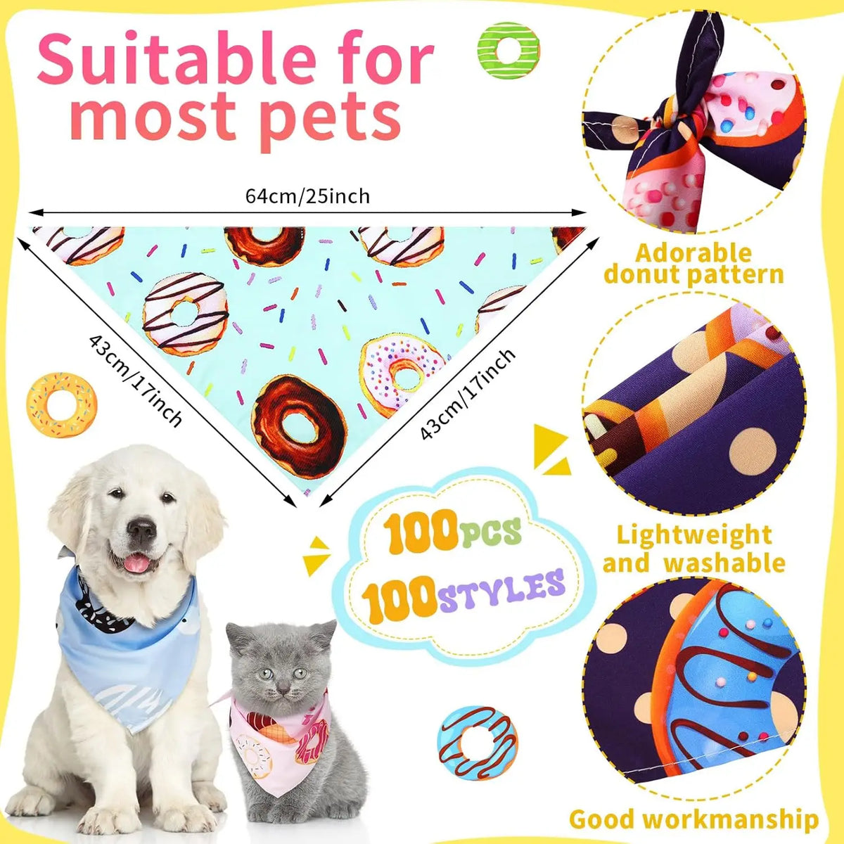 A set of 100 donut print dog bandanas featuring various designs and styles for pets.