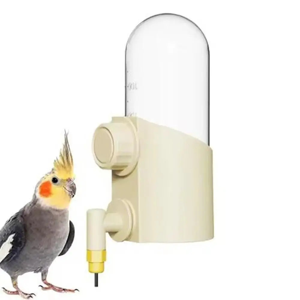 Beiger wiederverwendbarer Vogelfutterspender mit klarem Kuppel und gelber Papagei-Figur.
