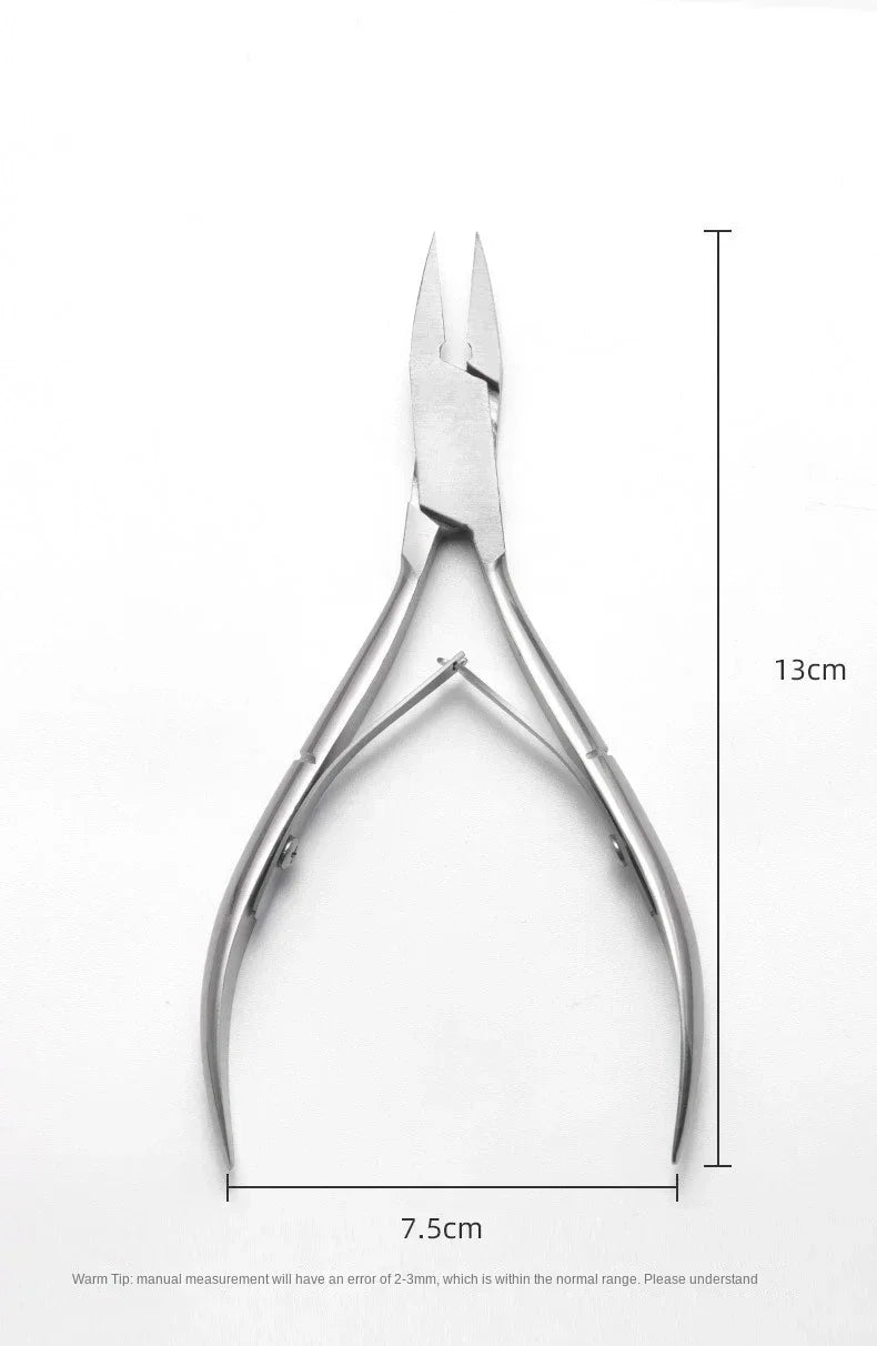 Precision stainless steel cuticle nipper with a 13cm scale marker for nail care.