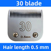 A silver pet hair clipper with 30 blades and a 0.5 mm hair length setting.