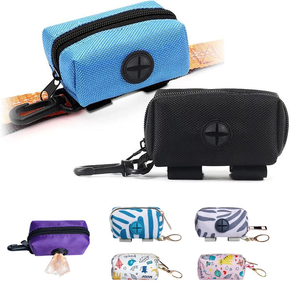 A collection of black and blue pet poop bag dispensers and leash attachments.