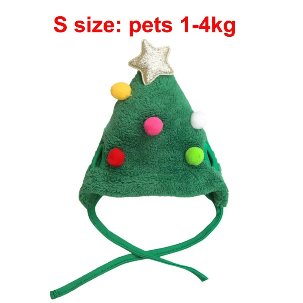 Traje festivo de fieltro verde para gatos con forma de árbol de Navidad, adornos coloridos y una estrella dorada