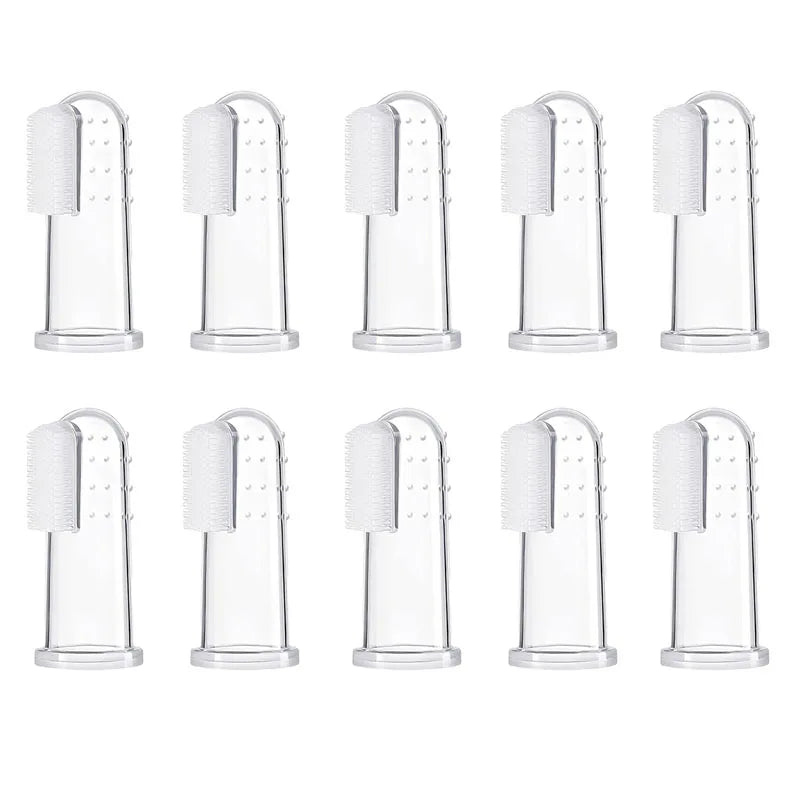 A set of soft silicone finger toothbrushes for dogs and cats, shown in various orientations.