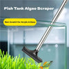 A silver telescopic fish tank algae scraper is shown cleaning a glass aquarium with aquatic plants and a small fish.