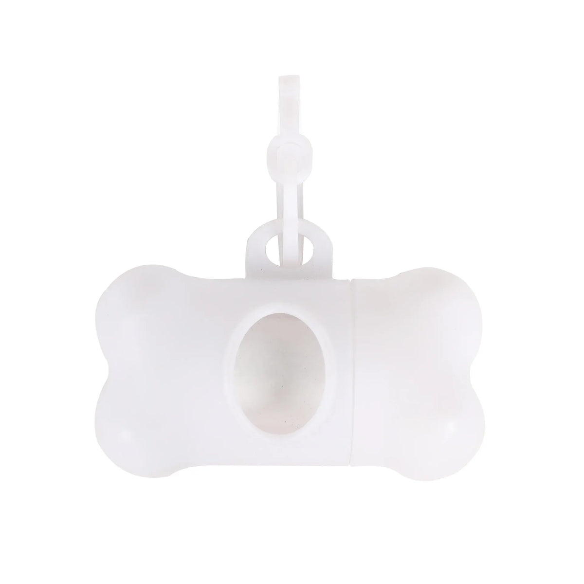 White bone-shaped dog waste bag dispenser with a handle for on-the-go cleanup