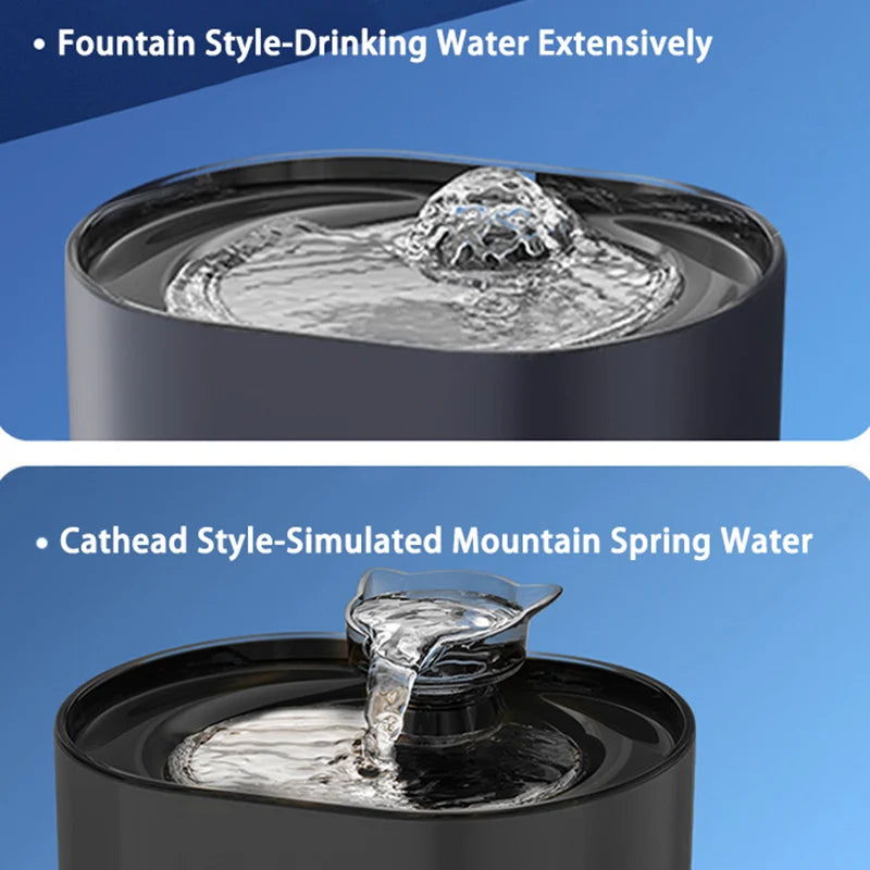 A black water fountain demonstrating two styles: a fountain style and a cathread style.