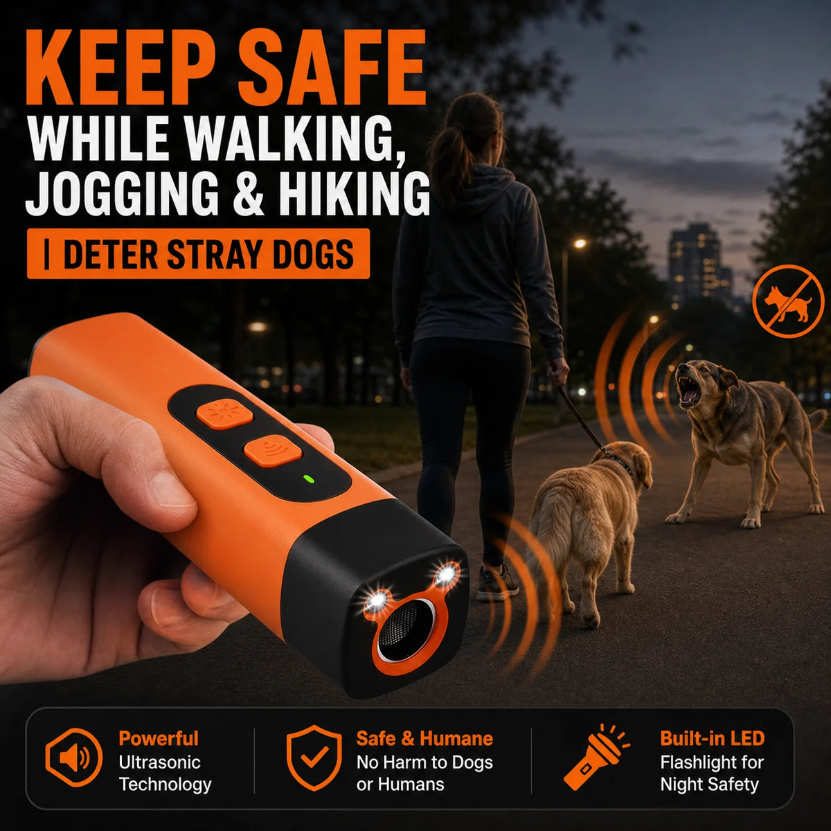 Un dispositif ultrasonique orange pour éloigner les chiens errants, démontré en main.