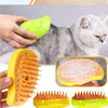 Various colors of pet steam grooming brushes and combs shown with a cat.