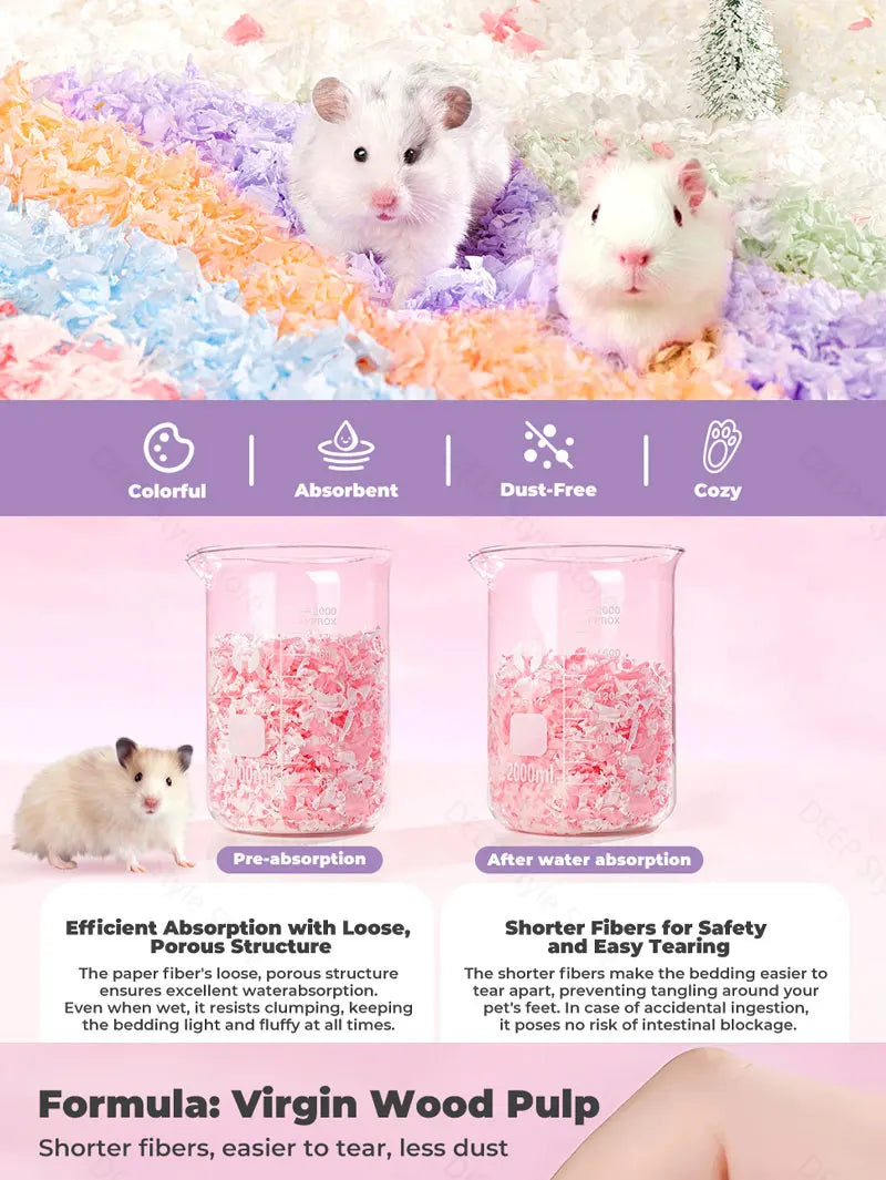 Gemütiges Papierbett für syrische Hamster, zeigt flauschiges weißes Tierbett und saugfähiges rosa zerknülltes Papier