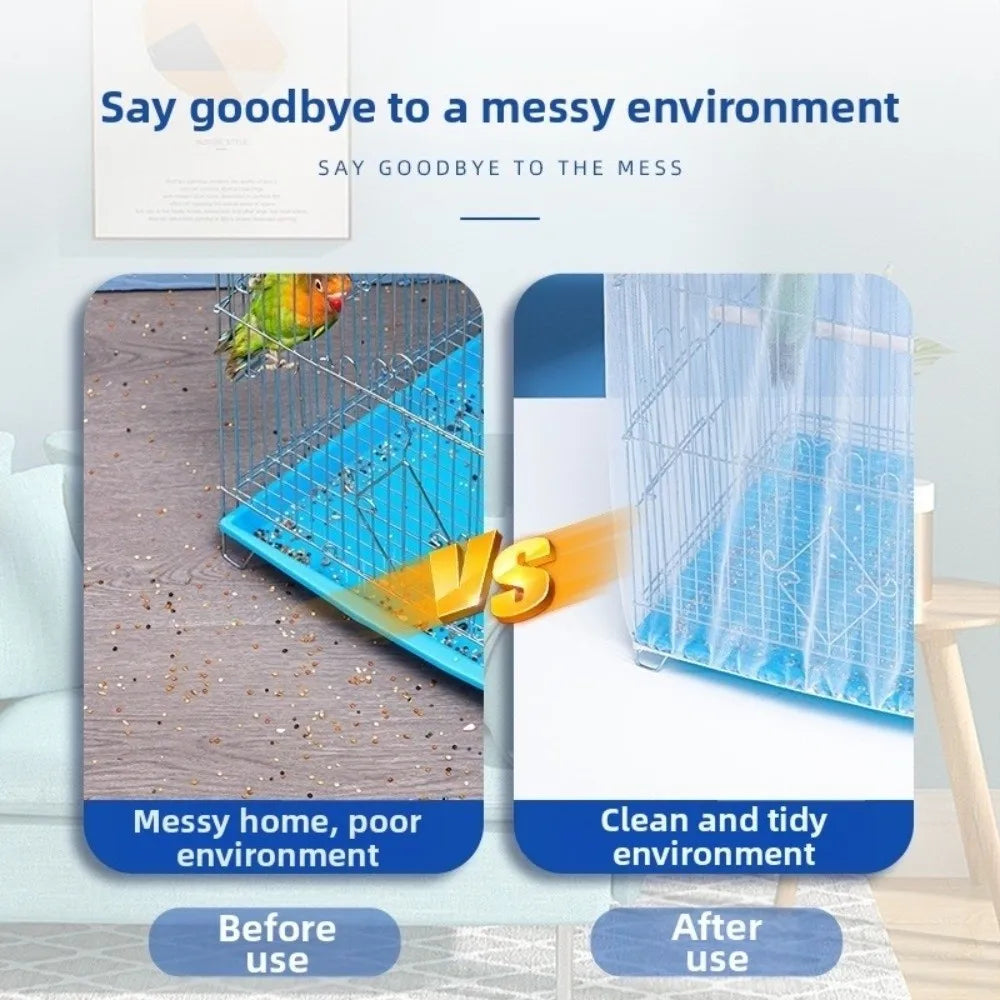 Comparison showing a messy bird cage setup before use versus a clean and tidy version after using the anti-splash cover.