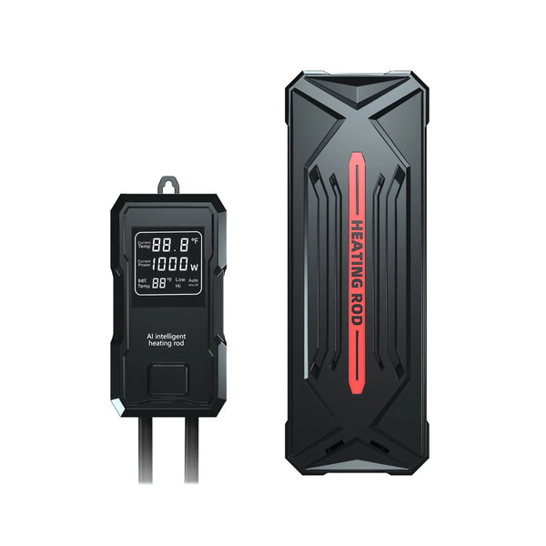 A black digital aquarium heater with a heating rod and external control unit.