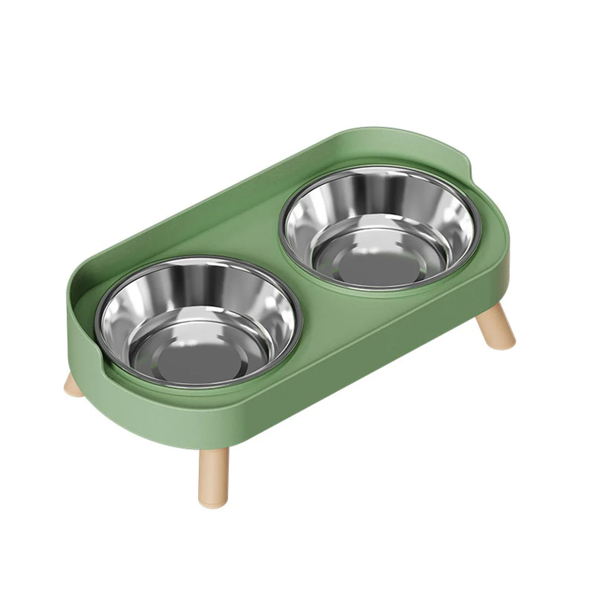 A light green pet feeding dish with two stainless steel bowls for dogs and cats.
