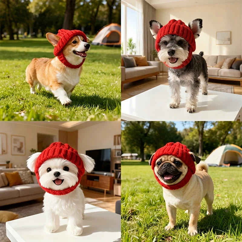 A small dog wearing a red knit beanie hat outdoors in a grassy park.