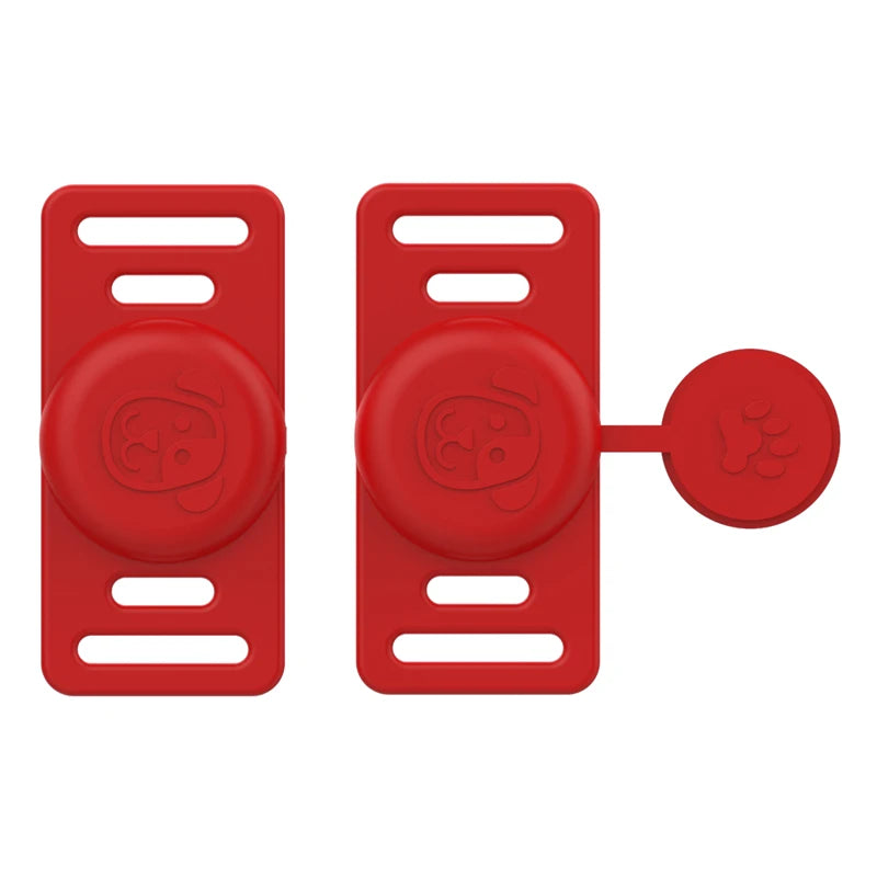Red silicone airtag holder with two circular grips for pet collars