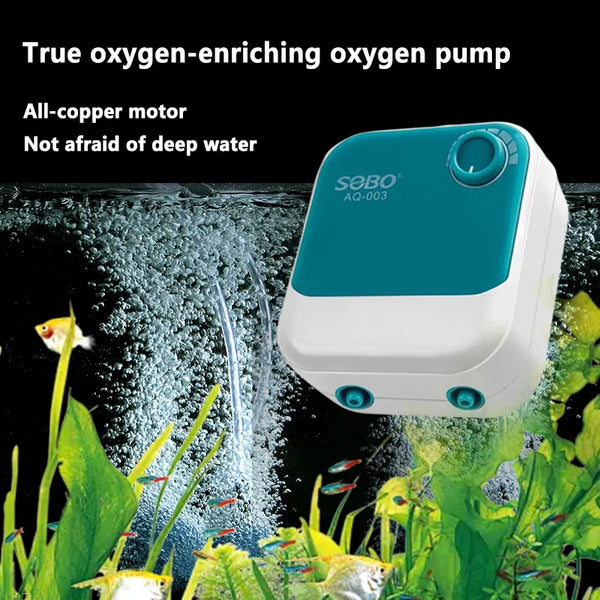 A white and teal oxygen pump is shown operating in an aquarium with fish and aquatic plants.