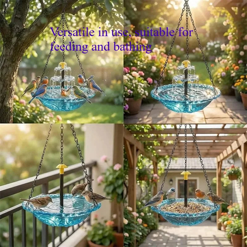 Außen-Solarvogelbad-Brunnen mit mehrstufigem Wasserfeature, hängt an einer Kette.