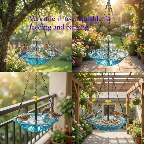 Außen-Solarvogelbad-Brunnen mit mehrstufigem Wasserfeature, hängt an einer Kette.