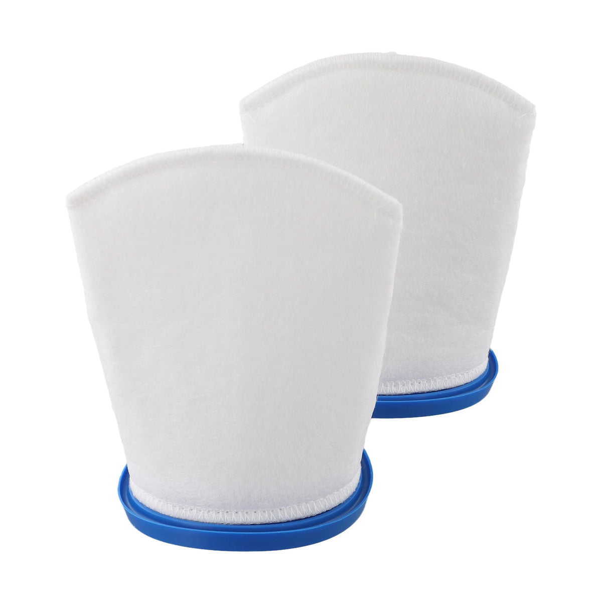 A white reusable sand and silt filter bag with a blue rim is shown.