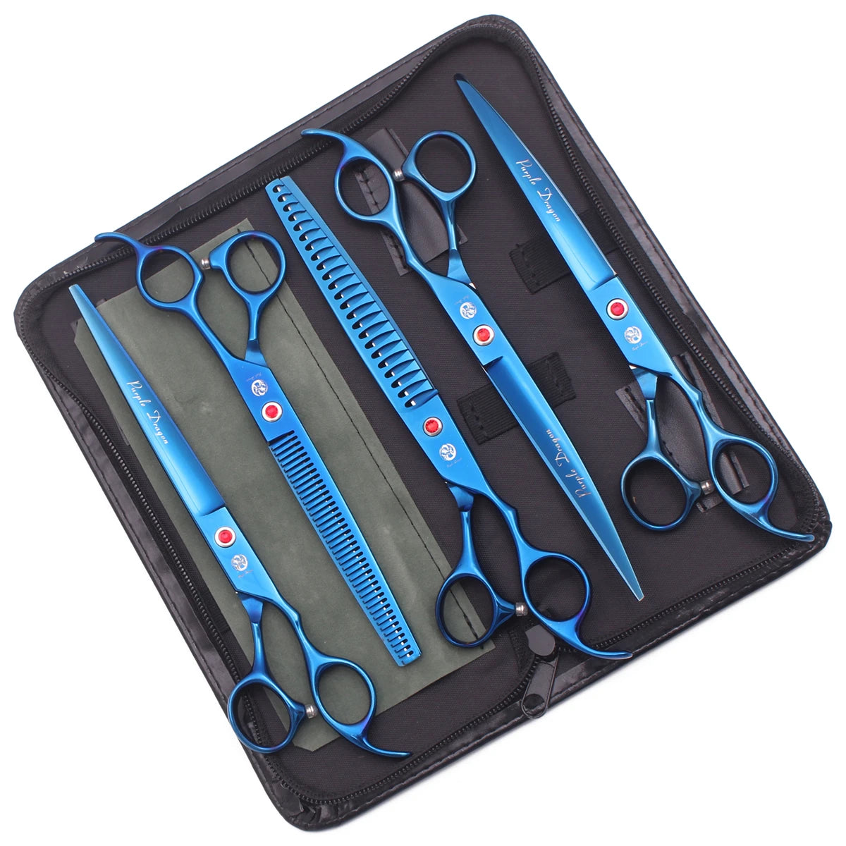 Set professioneller Edelstahl-Pflegeschere für Haustiere in blau und silber, in einer schwarzen Hülle.