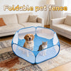 A blue foldable pet fence playpen with a dog and a cat inside on a rug.