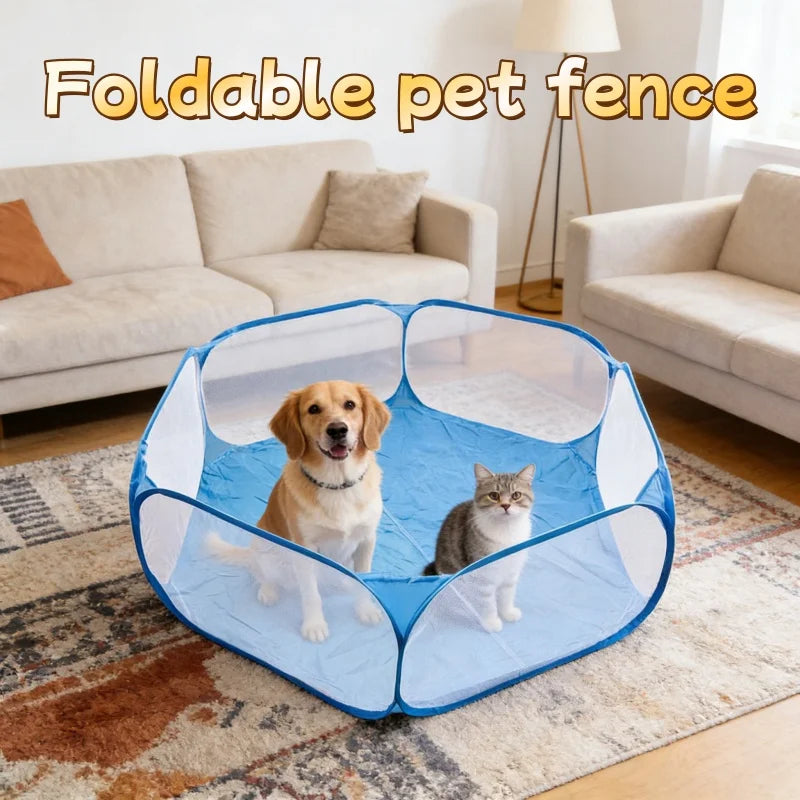A blue foldable pet fence playpen with a dog and a cat inside on a rug.