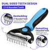 A dual-sided pet deshedding comb featuring 17 rounded teeth for thinning and 9 rounded teeth for dematting.
