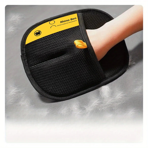 A black double-sided pet hair removal glove is shown on a person's hand, with a yellow label indicating Rhino Ben.