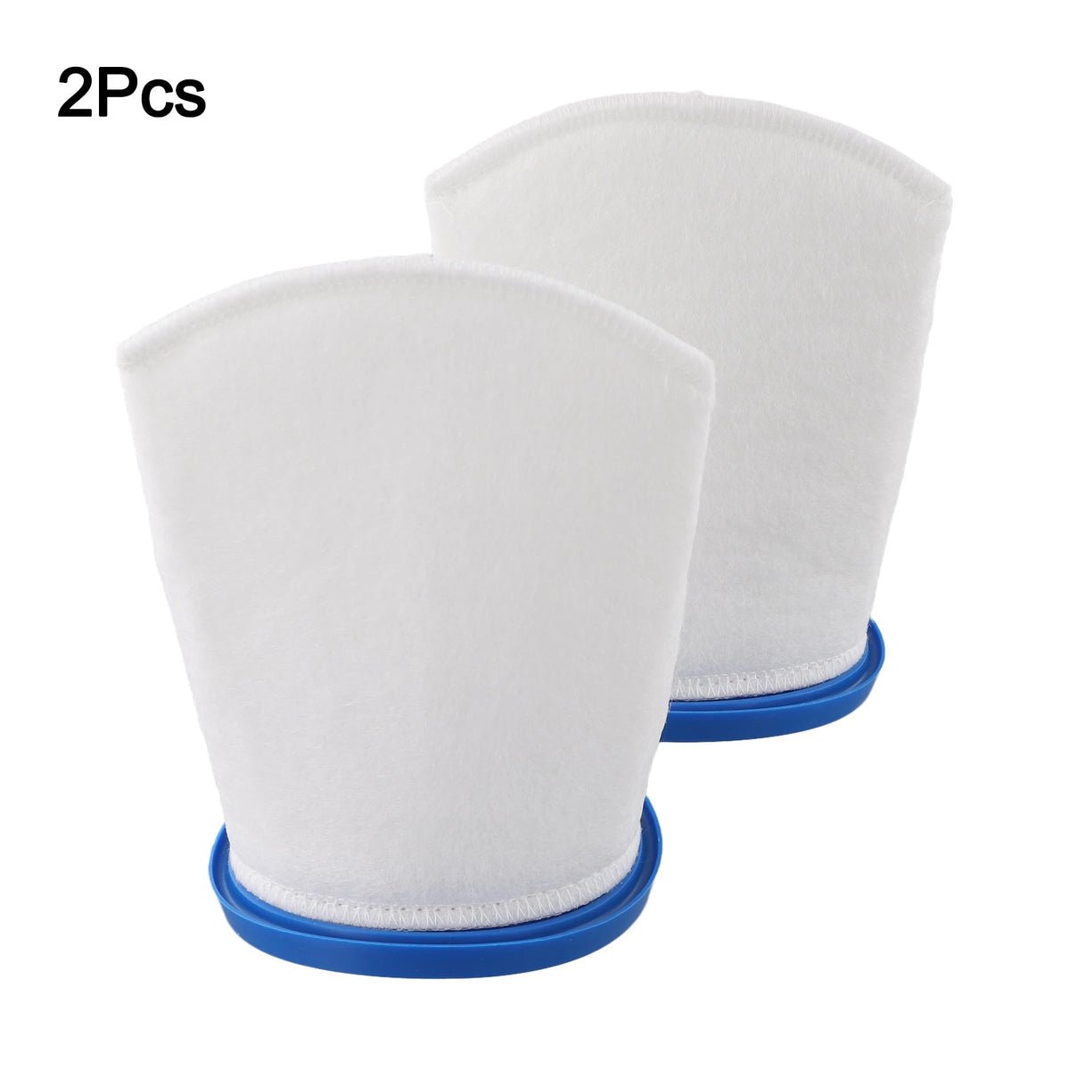 Two white reusable sand and silt filter bags with blue bases