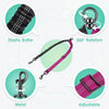 A pink elastic buffer leash with a metal clip and adjustable features for dog walking.