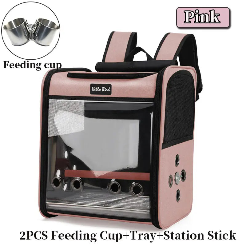 Pink feeding cup tray station stick for a bird travel backpack