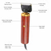 A close-up view of a professional corded pet clipper with a wooden handle and a silver body, showing various components like 