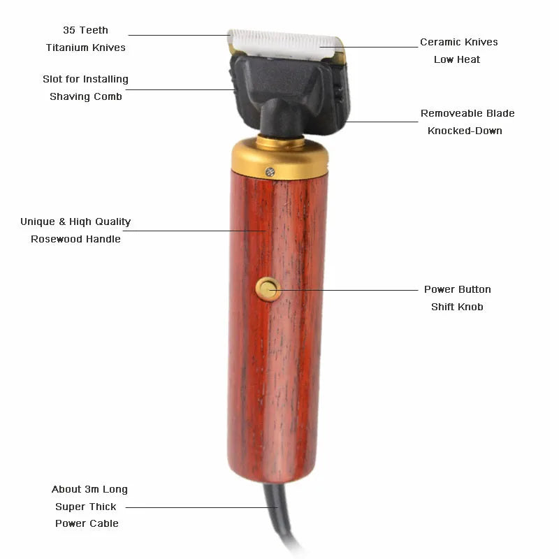 A close-up view of a professional corded pet clipper with a wooden handle and a silver body, showing various components like 
