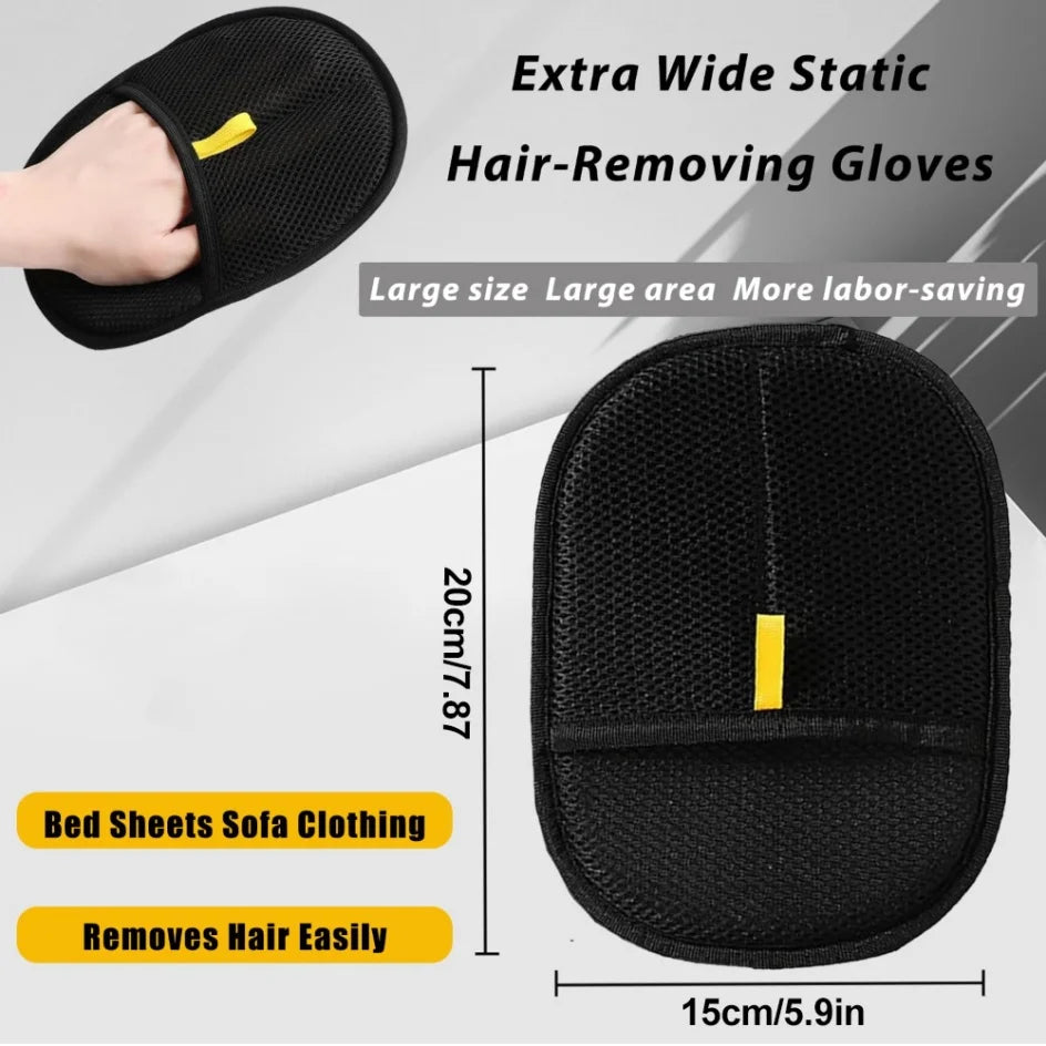 Guantes estáticos para quitar el pelo negros extra anchos, mostrados con una mano, demostrando su gran tamaño y característic