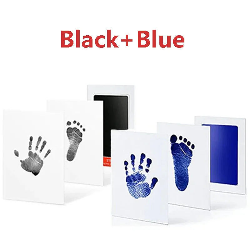 Black and blue baby handprint and footprint kits displayed on a white background.