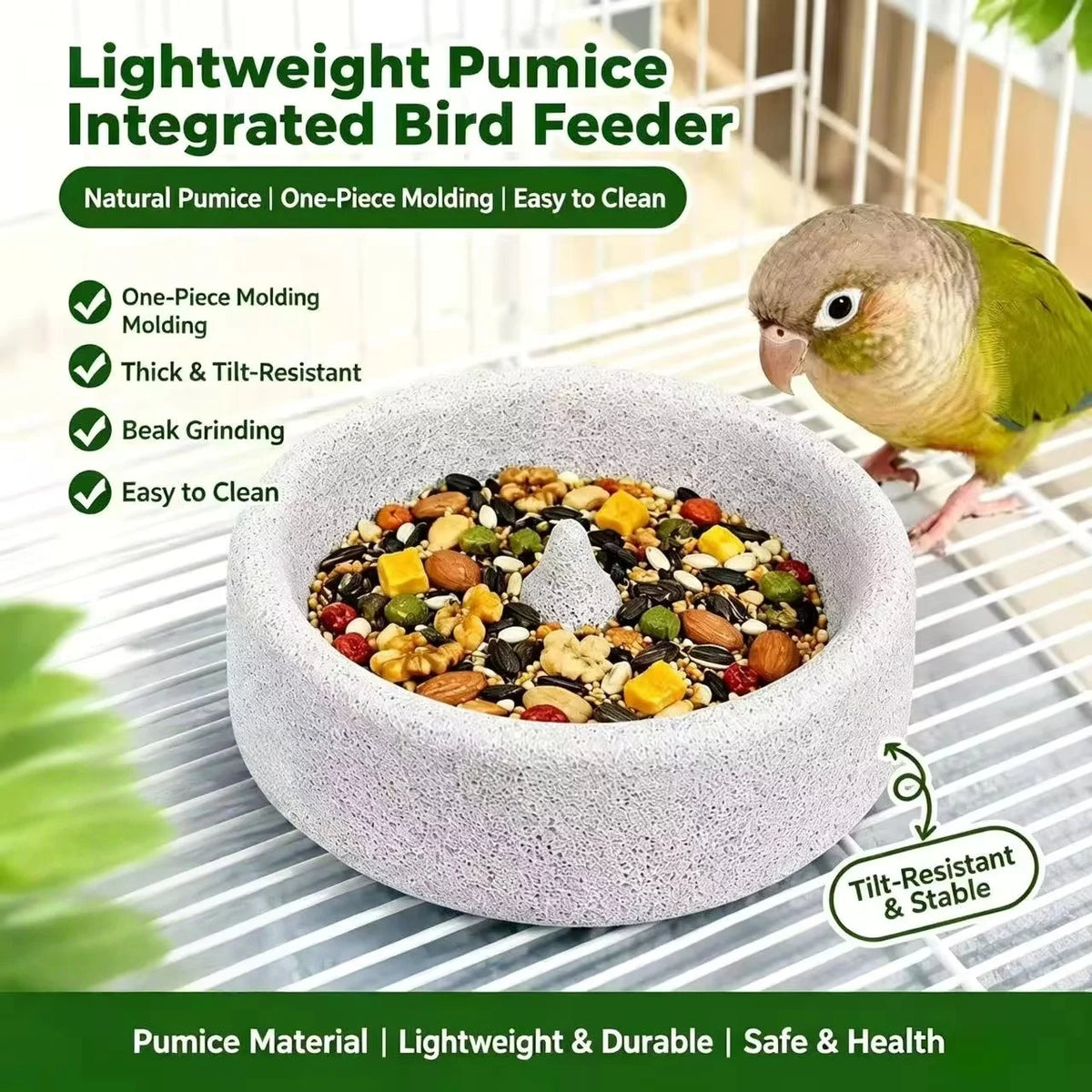 A light-colored pumice integrated bird feeder bowl filled with seeds, shown next to a small parrot.