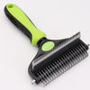 A black grooming brush with a lime green handle and metal teeth for deshedding dogs and cats.