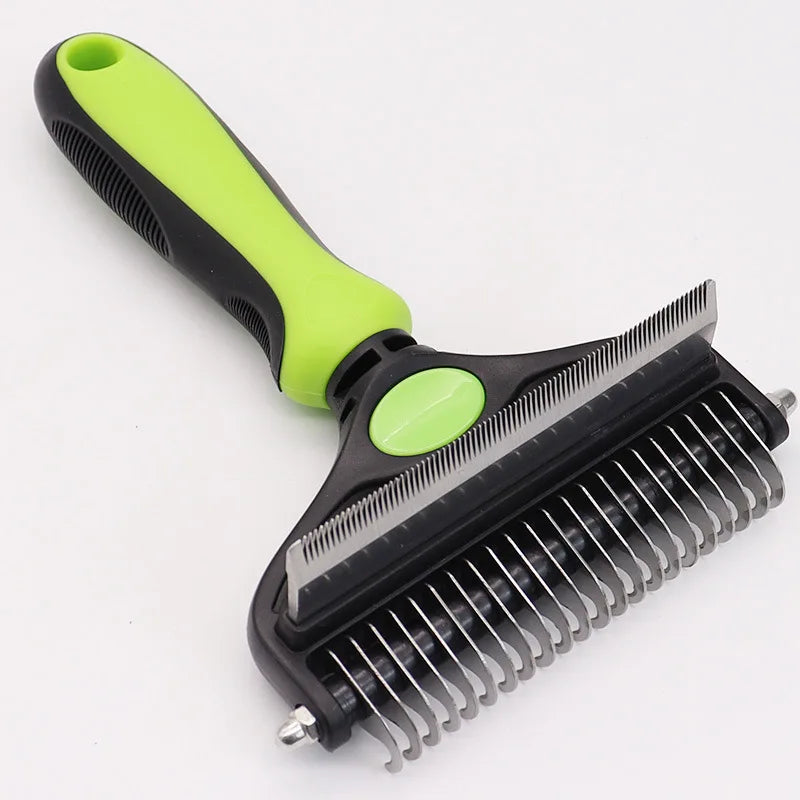 A black grooming brush with a lime green handle and metal teeth for deshedding dogs and cats.