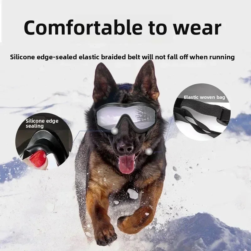 A brown dog wearing silicone edge-sealed elastic braided belt and anti-glare sunglasses while running in the snow.