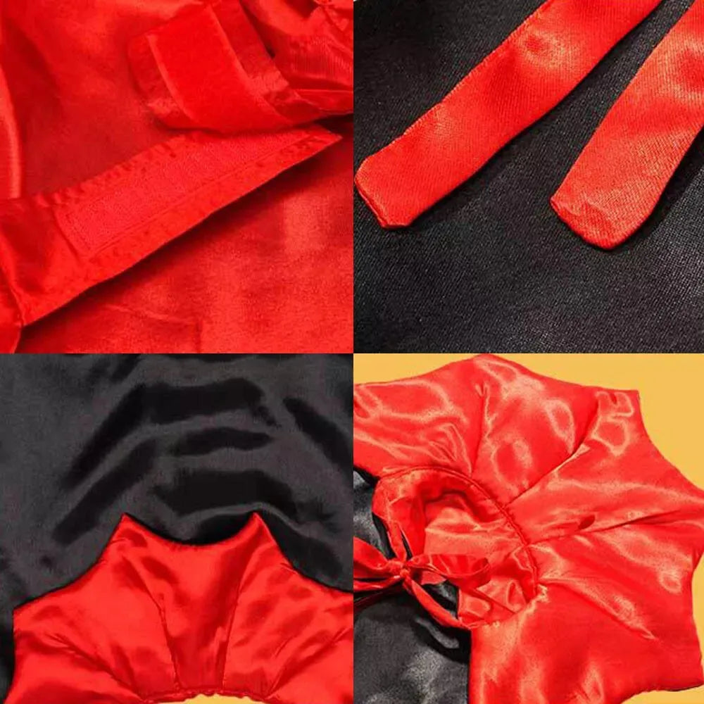 Red satin vampire cape for cats and small dogs shown in various folds and angles