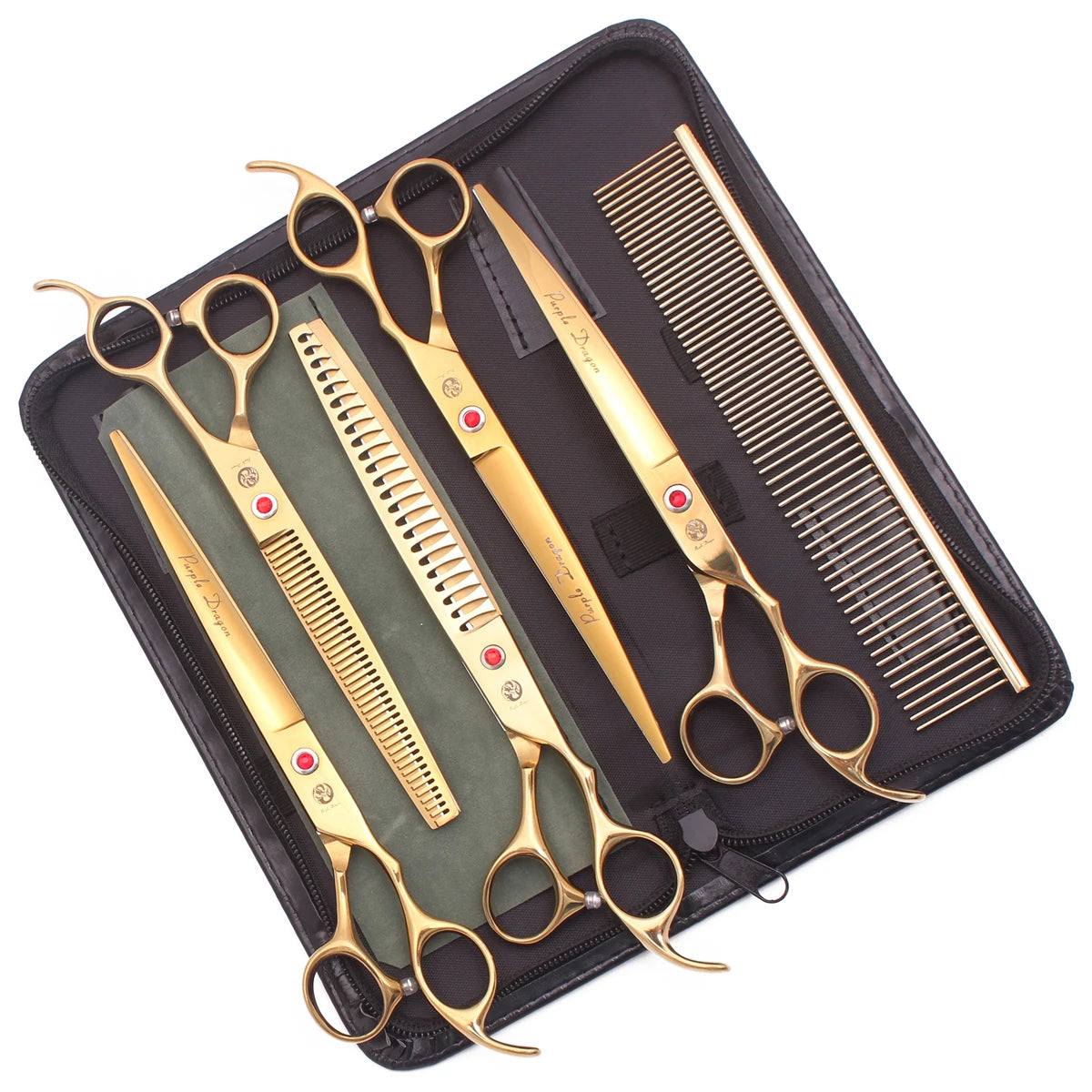Schwarze Etuis mit professionellen Edelstahl-Grooming-Schere und Kamm.